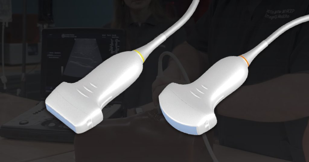 Comparison of linear and curvilinear ultrasound probes used in medical training.